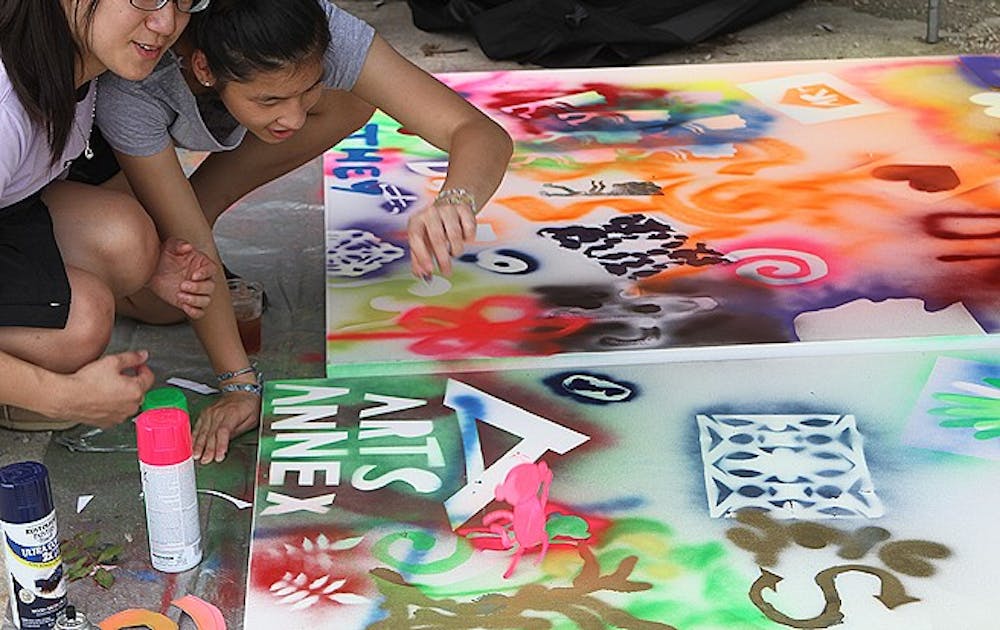 Students spray paint and participate in other activities at the official opening of the new Duke Arts Annex, the University’s refurbished arts facility located off of Campus Drive.
