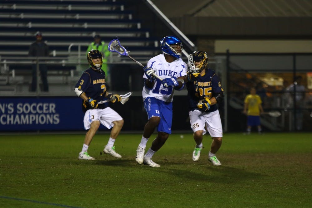 <p>With an assist midway through the first quarter, Myles Jones became the first midfielder in Division I history to reach both 100 goals and 100 assists for his career.&nbsp;</p>