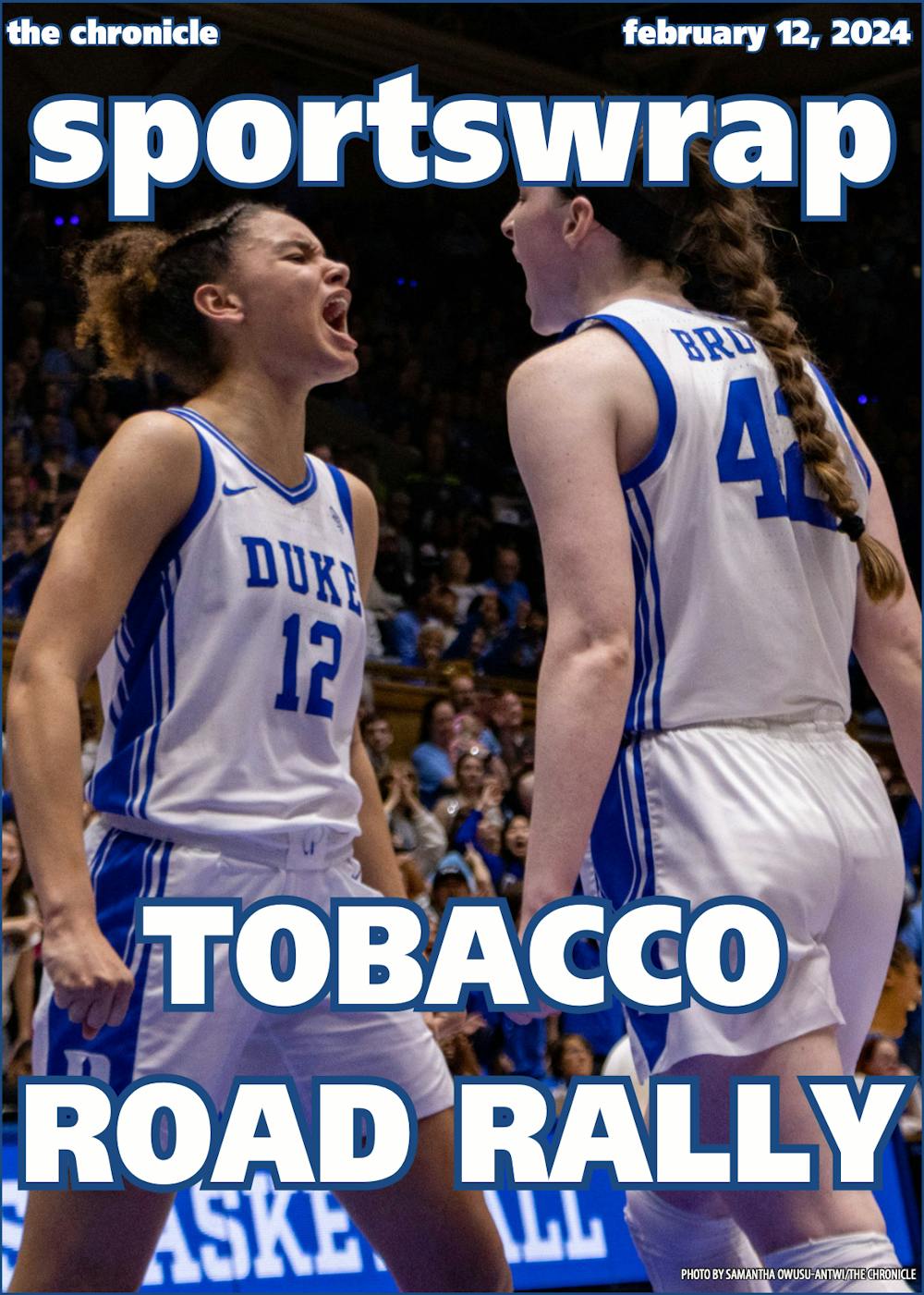 Delaney Thomas (left) and Kennedy Brown (right) celebrate Duke women's basketball's win against North Carolina.
