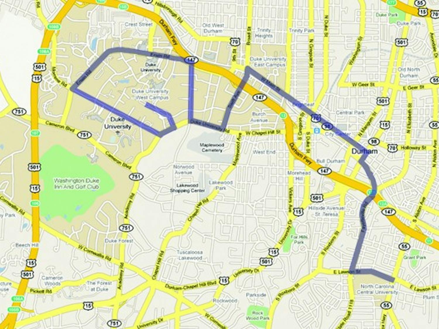 A possible route for the Duke-Durham Connector is shown above. The proposed bus route will connect Duke to downtown Durham and NCCU.