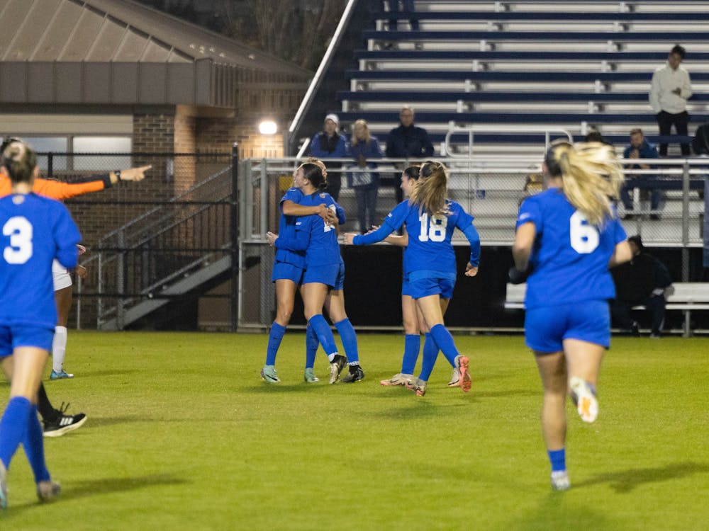 Minestrella celebrates with her teammates after scoring against Howard. 