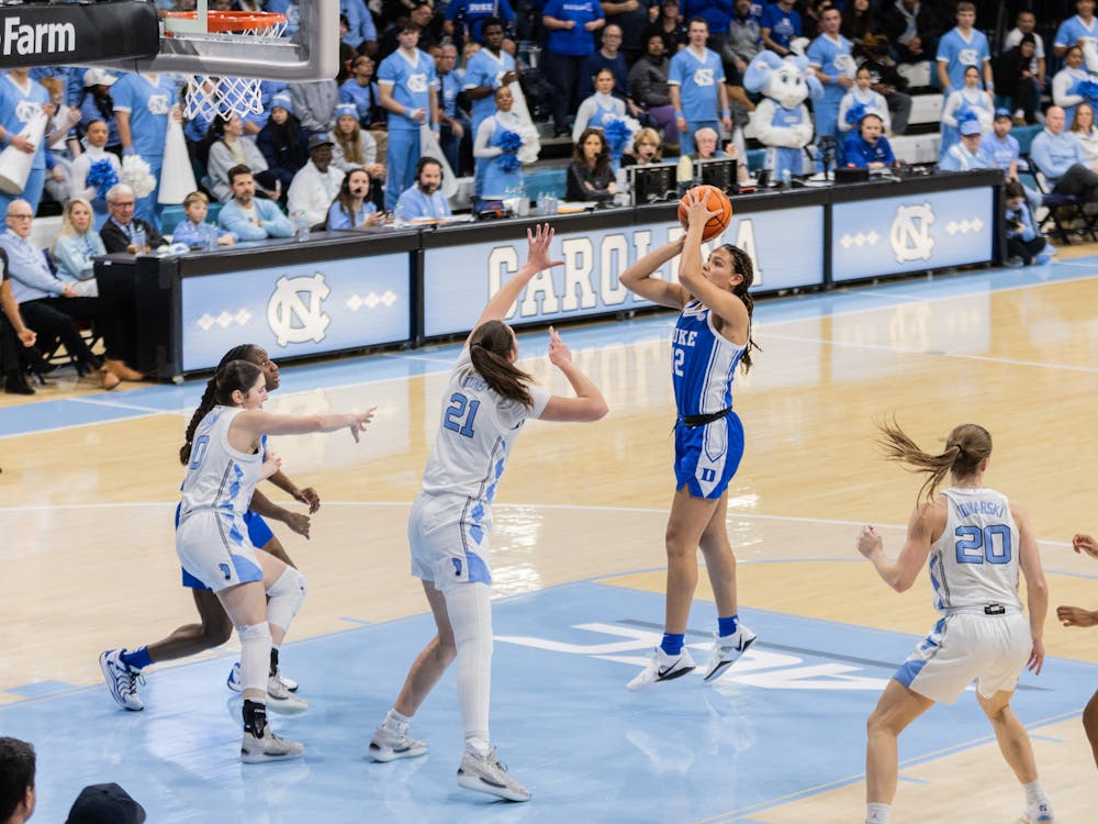 Forward Delaney Thomas pulls up for a jumper in an eventual Duke loss to No. 14 North Carolina. 