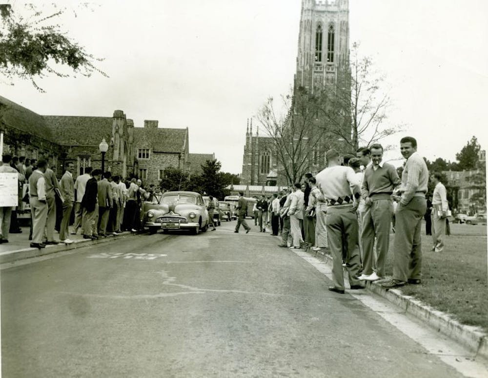 Duke students participating in the 1949 "Shoe Leather Day" bus boycott.