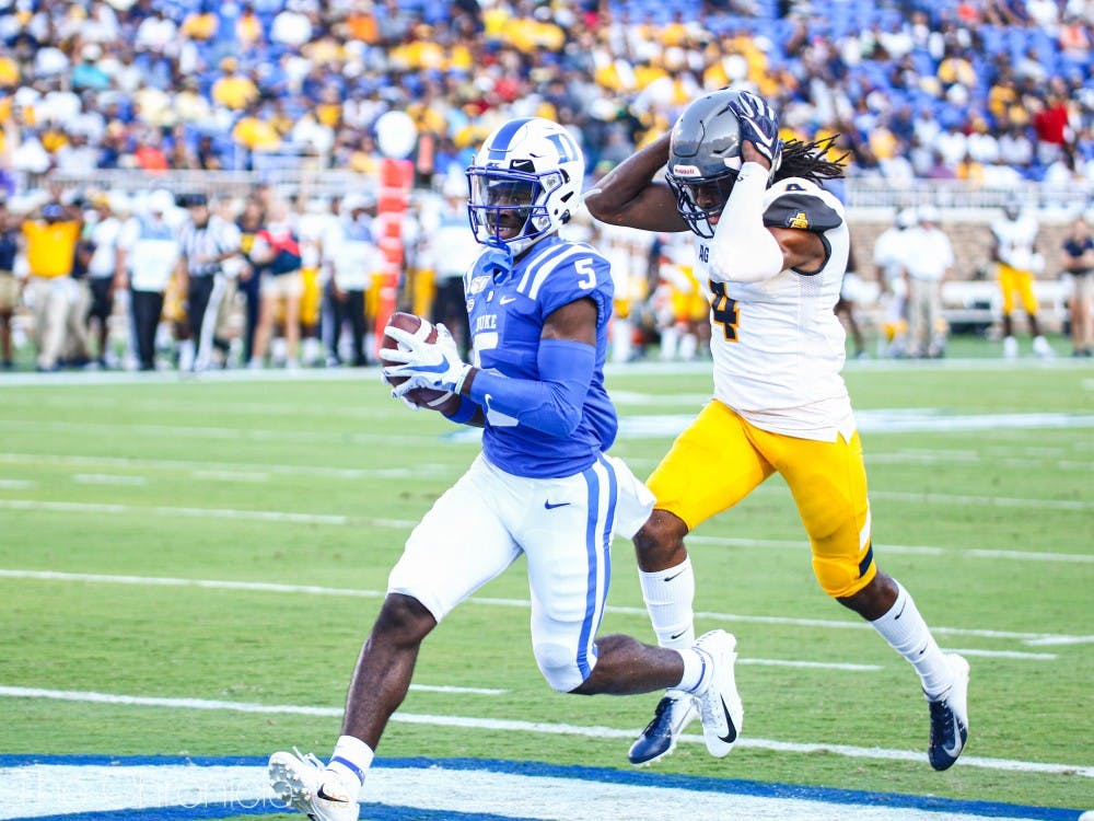 <p>Jalon Calhoun opened scoring for the Blue Devils, connecting with Quentin Harris on a 38-yard score.</p>