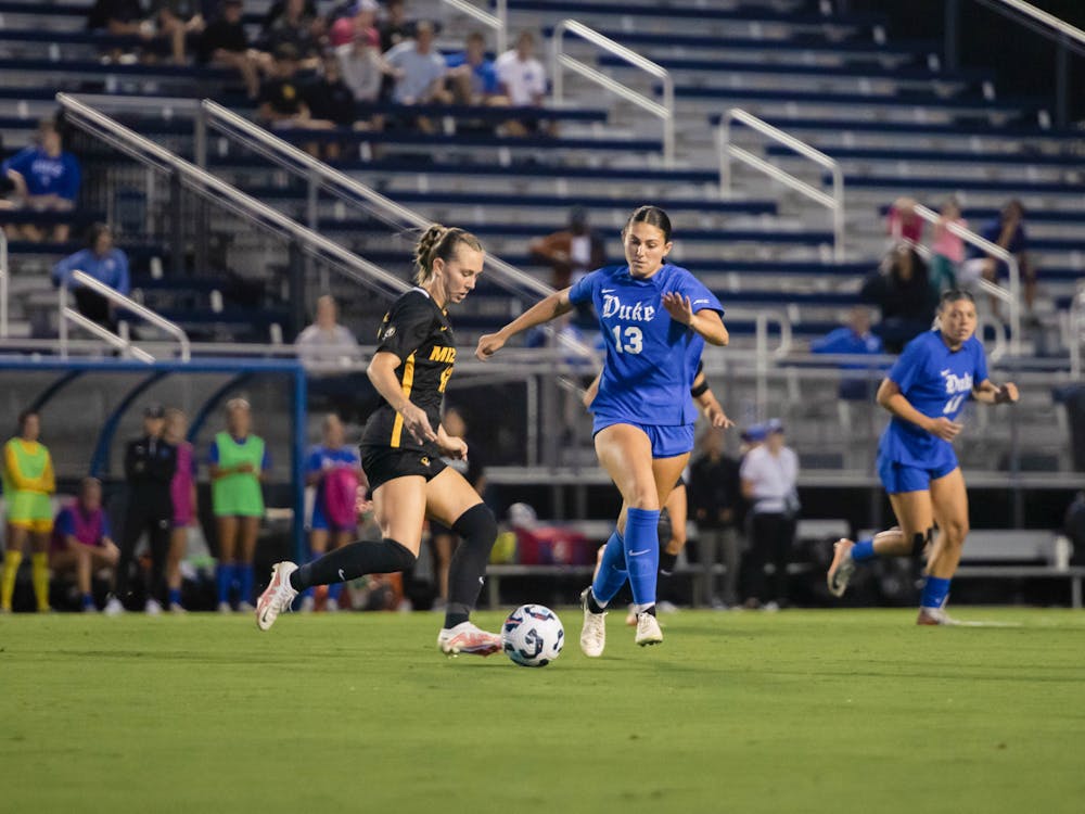 Sophomore Mia Minestrella dribbles the ball in Duke's win against Missouri.