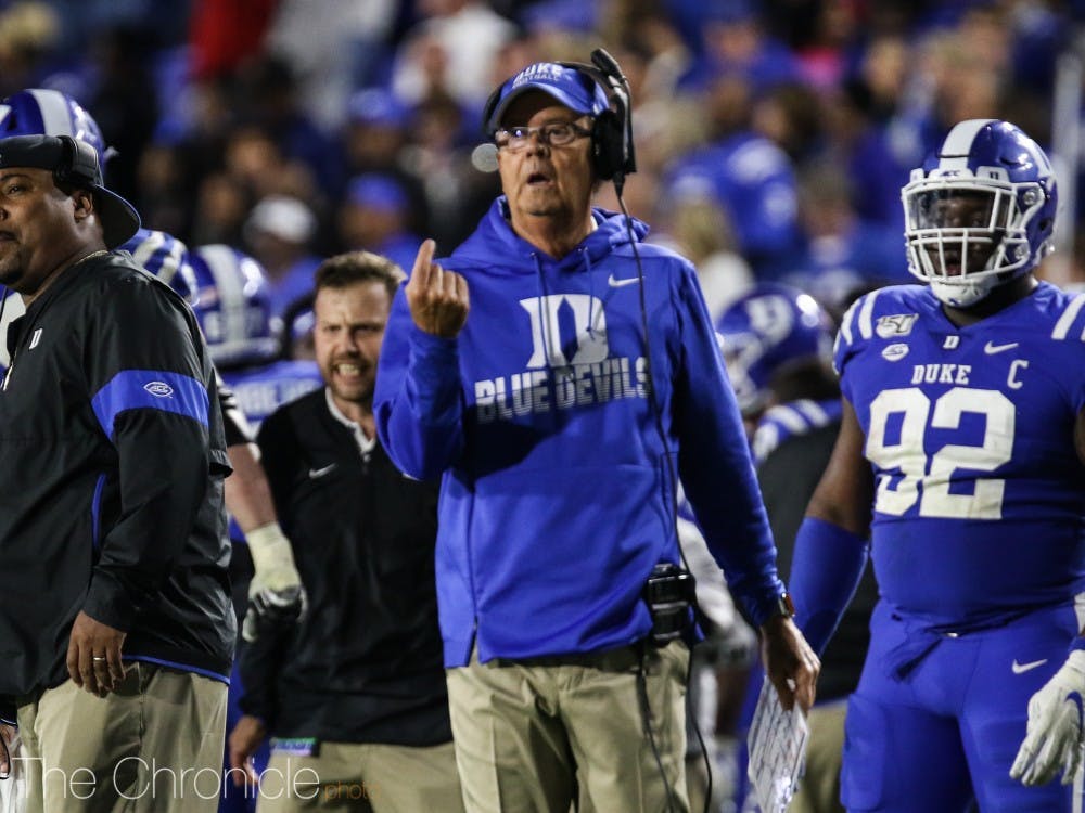 <p>Head coach David Cutcliffe and the Blue Devils will be haunted by a decision from the referees Saturday night.</p>