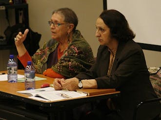 Ruth El-Raz (left) and Jala Basil Andoni, who live in Jerusalem, spoke on the current tension in Israel Tuesday in the Social Sciences Building.