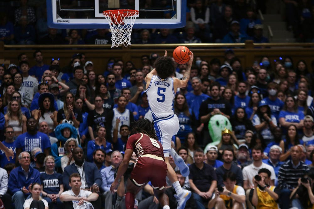 Tyrese Proctor drives to the basket in Duke men's basketball's last contest against Boston College.