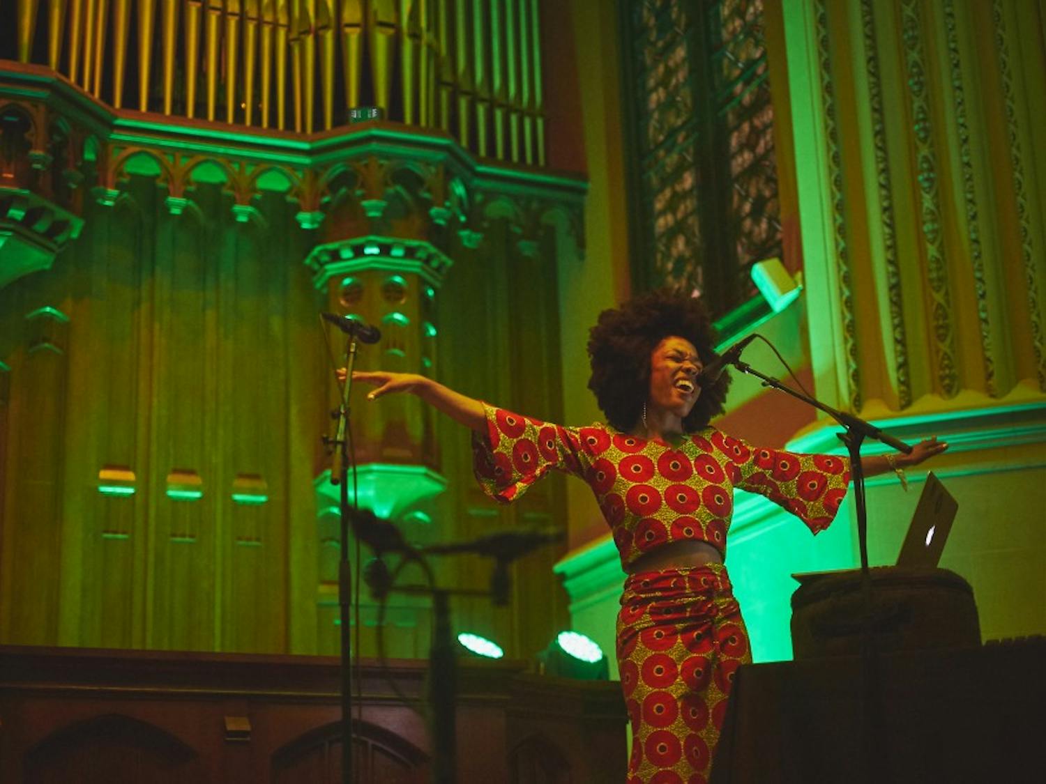 Moogfest boasted talented artists like Sudan Archives, pictured at Durham's First Presbyterian Church, but its message of protest often contradicted itself.