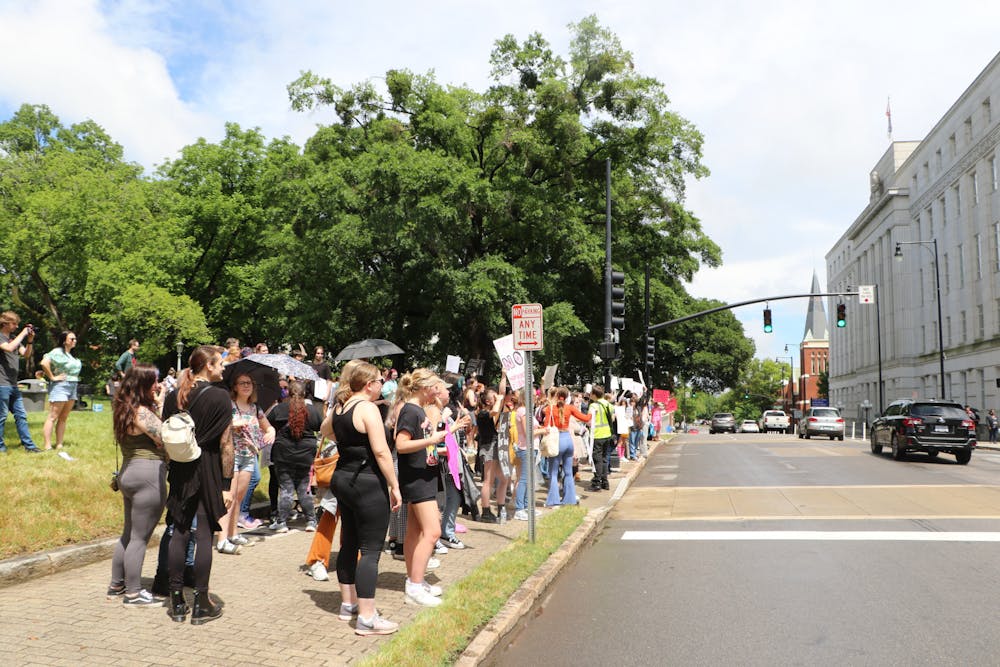 <p>Pro-choice protesters show their support outside the North Carolina State Capitol Building.&nbsp;</p>