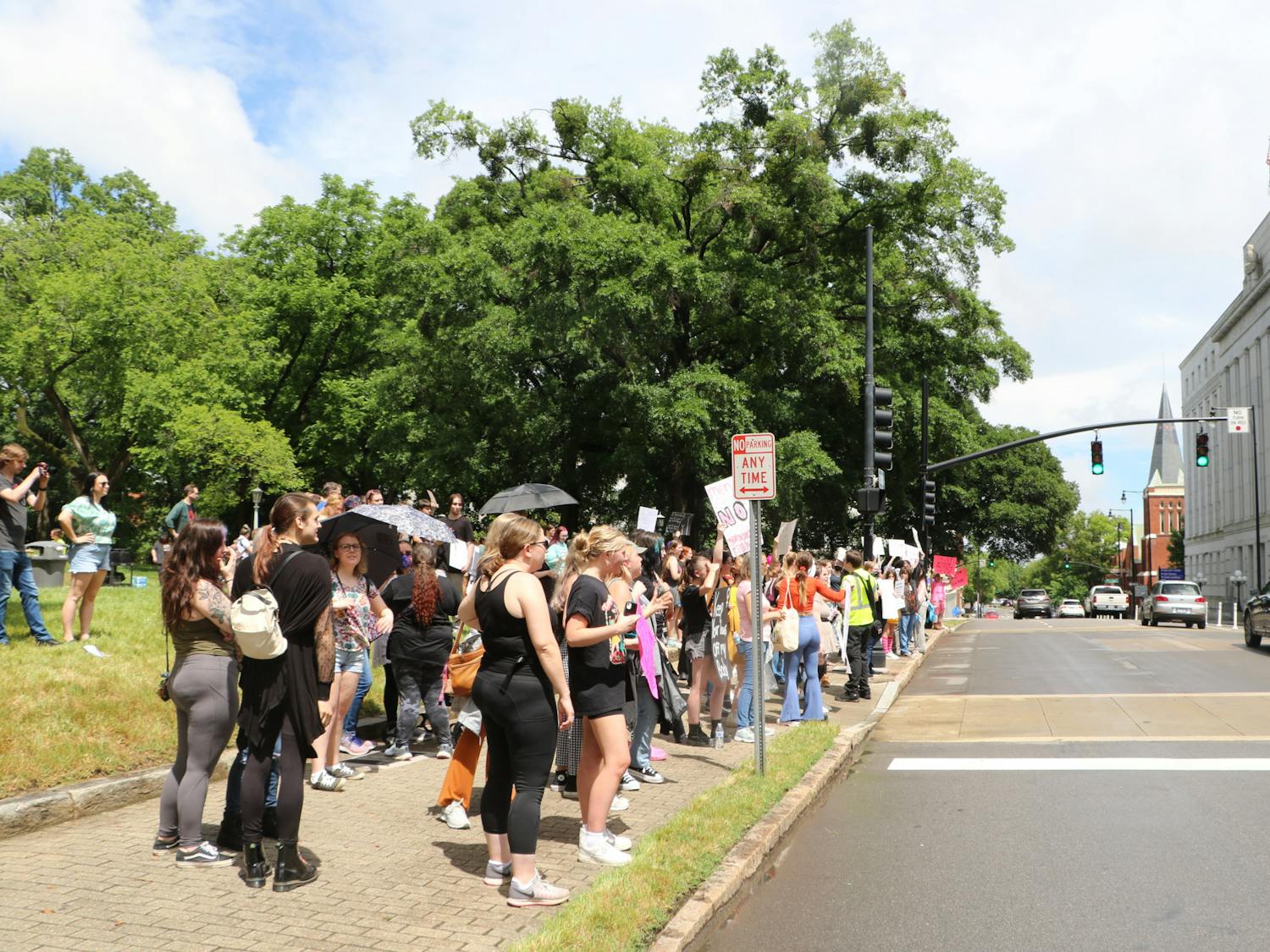 Pro-choice protesters show their support outside the North Carolina State Capitol Building.&nbsp;