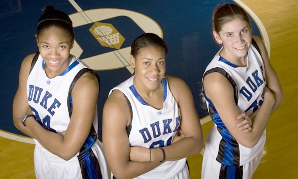 Krystal Thomas, Joy Cheek and Allison Vernerey (left to right) are charged with anchoring the Duke defense in place of departed twosome Chante Black and Carrem Gay this season.