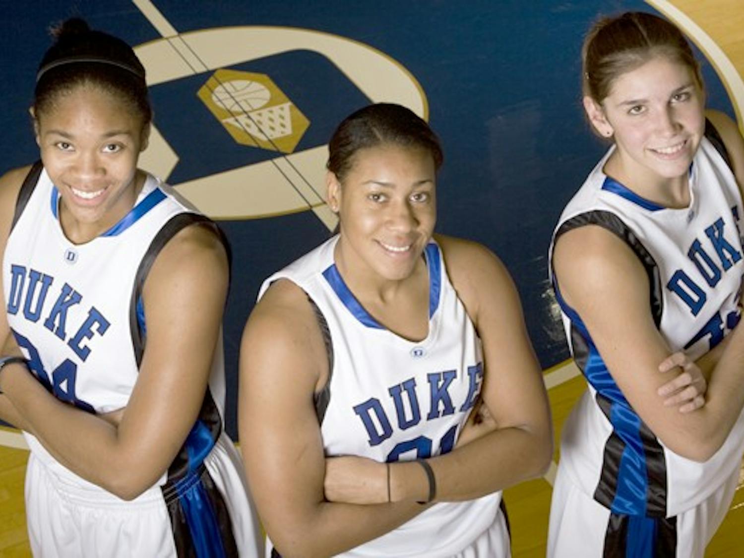 Krystal Thomas, Joy Cheek and Allison Vernerey (left to right) are charged with anchoring the Duke defense in place of departed twosome Chante Black and Carrem Gay this season.