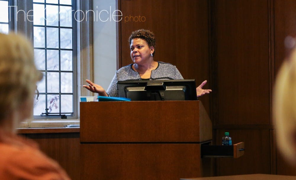 Brenda Allen, a former administrator at Brown University, explained how Brown formed a committee to explore its connection to slavery during a talk Tuesday. &nbsp;