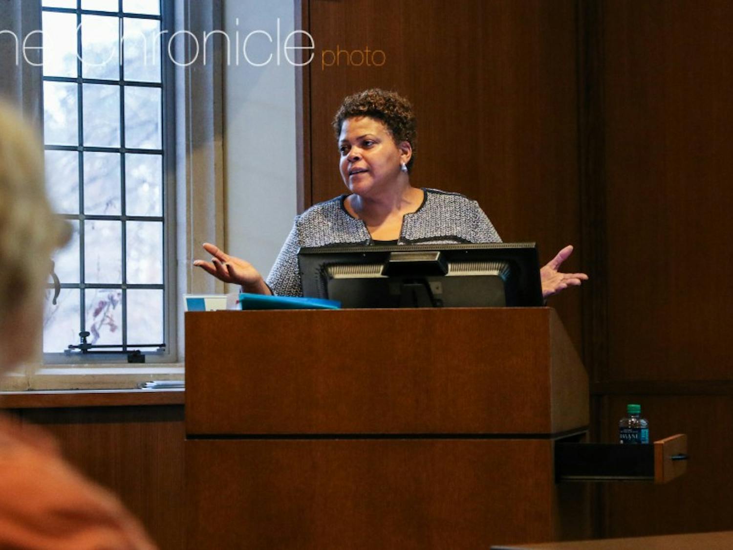 Brenda Allen, a former administrator at Brown University, explained how Brown formed a committee to explore its connection to slavery during a talk Tuesday. &nbsp;