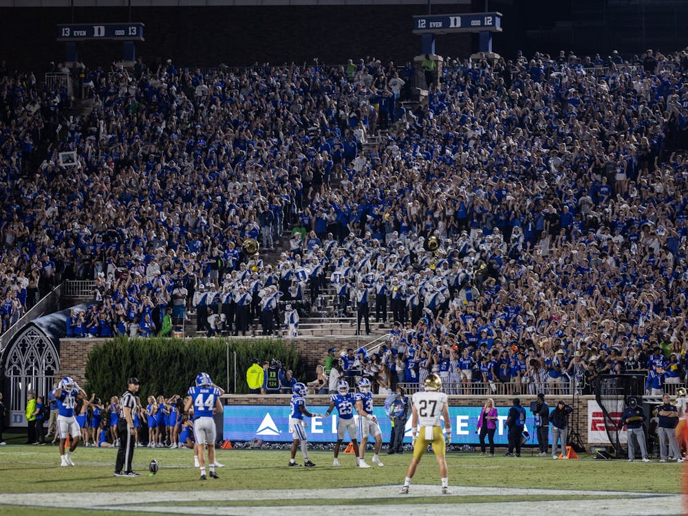 The Wallace Wade Stadium crowd celebrates during Duke football's 2023 clash with Notre Dame.