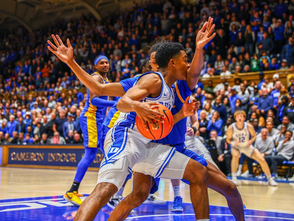 Caleb Foster backs down his defender during Duke's loss against Pittsburgh.