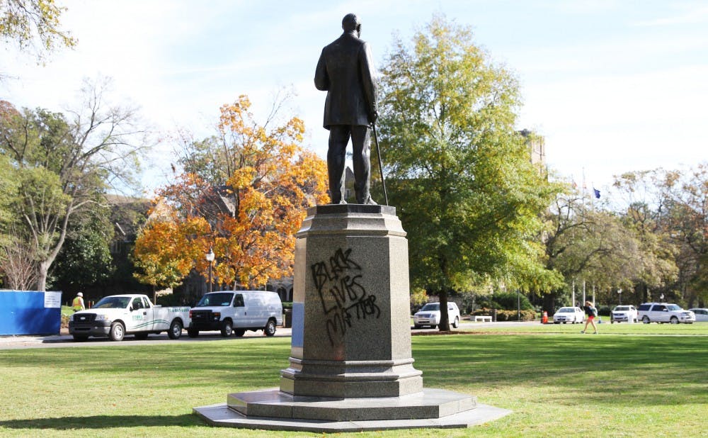 <p>The message "Black Lives Matter" has been painted on the James B. Duke statue in front of the Chapel ahead of Friday's community forum at noon.</p>