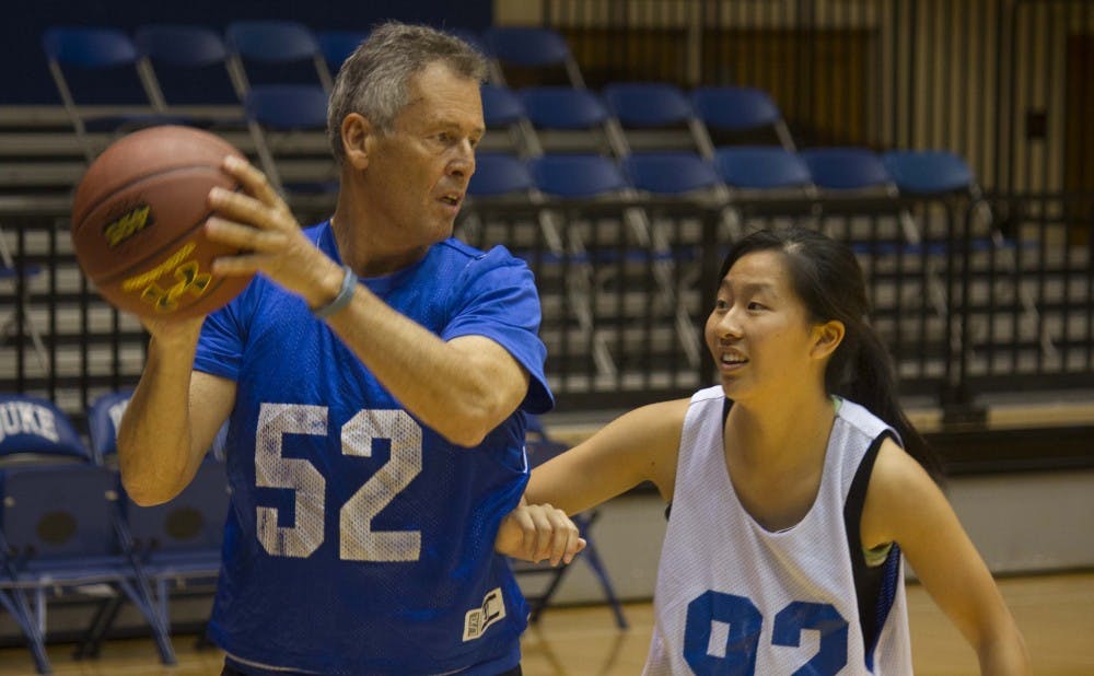 Vice President for Student Affairs Larry Moneta took to Cameron Indoor Stadium to show off his basketball skills in the student-faculty game.