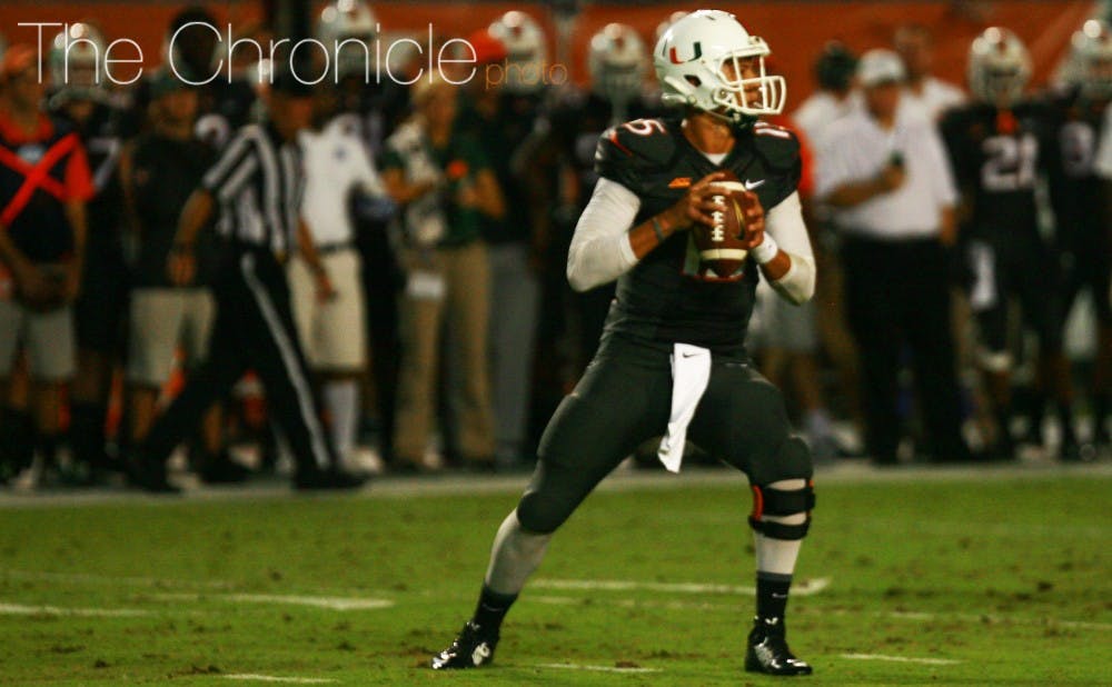 <p>Miami quarterback Brad Kaaya led the Hurricanes to a 22-10 win when they played the Blue Devils in 2014. He missed the teams' 2015 matchup due to injury.&nbsp;</p>