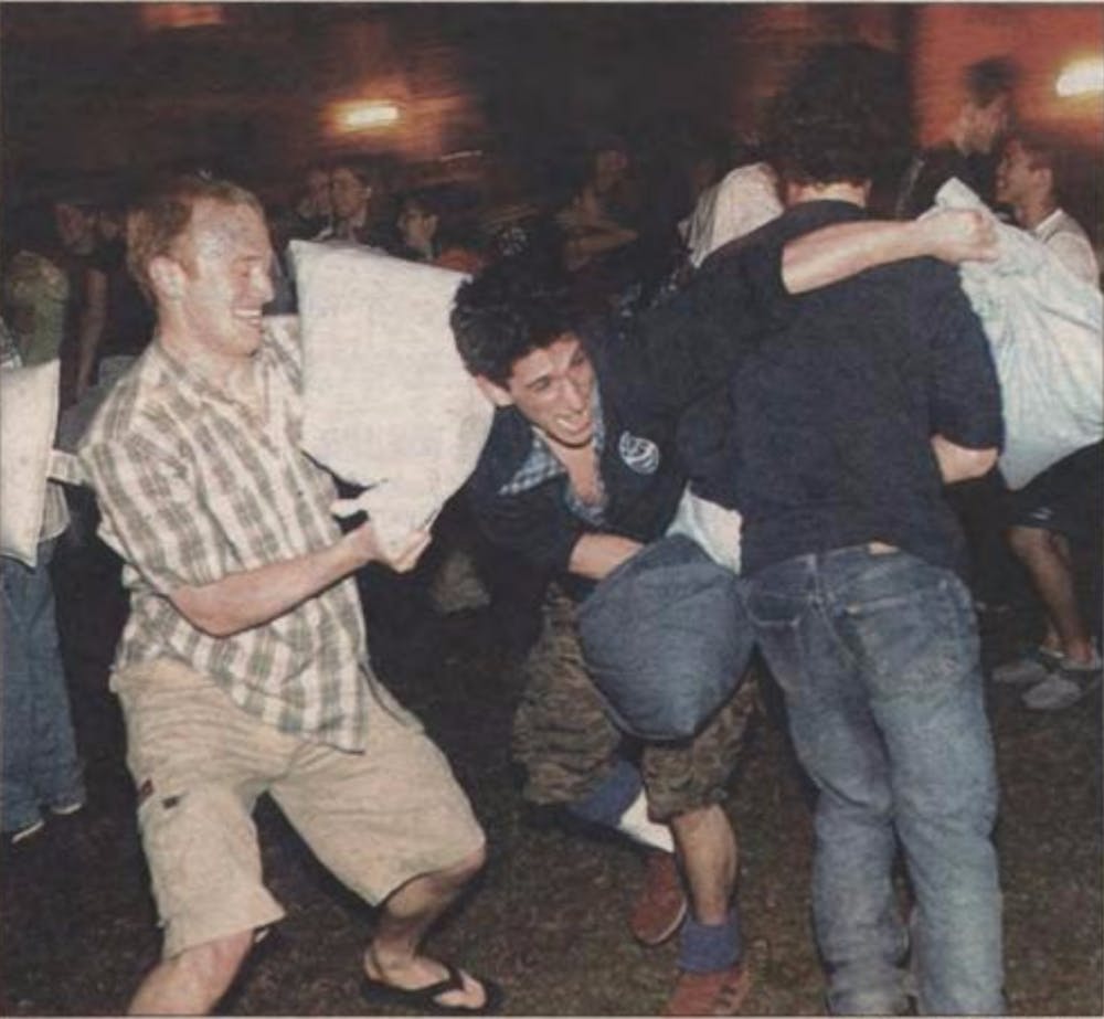 <p>Duke set the record for the world's largest pillow fight with more than 1,000 students participating on the main quad in 2004.</p>