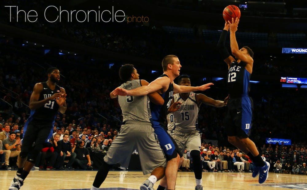 Freshman Derryck Thornton poured in 14 points in his second straight start Sunday for the Blue Devils in the Big Apple.