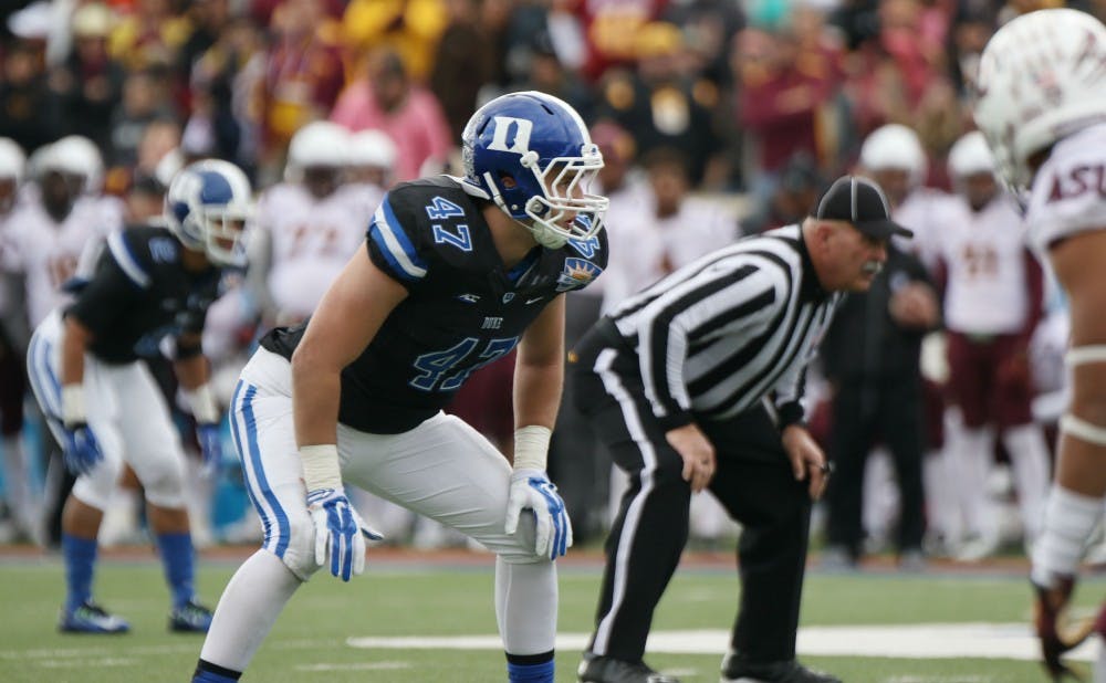 Duke senior linebacker David Helton finished his career with a nine-tackle performance in Saturday's Sun Bowl.