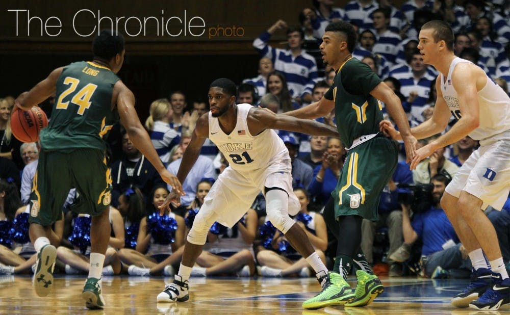 <p>Senior Amile Jefferson and the Blue Devils&nbsp;shut down the Saints in the middle of the first half during a 13-0 Duke run.</p>