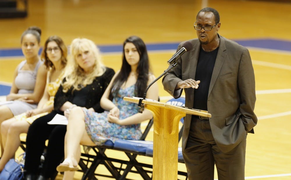 <p>Mark Anthony Neal, professor of African and African American studies, addressed the sophomore class Tuesday evening at Cameron Indoor Stadium.</p>