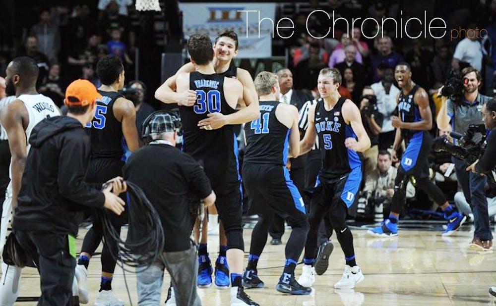 Grayson Allen and his teammates celebrated an improbable, come-from-behind victory at Wake Forest Saturday afternoon.&nbsp;