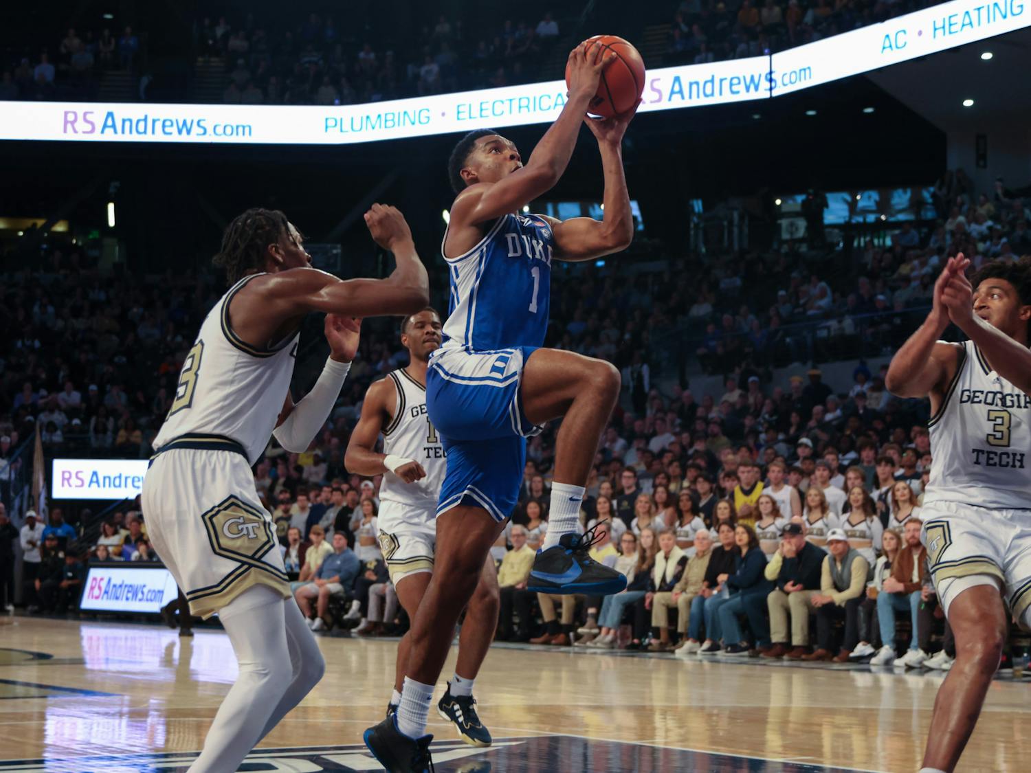 Caleb Foster jumps for the layup during a substitute appearance in Duke's loss to Georgia Tech.