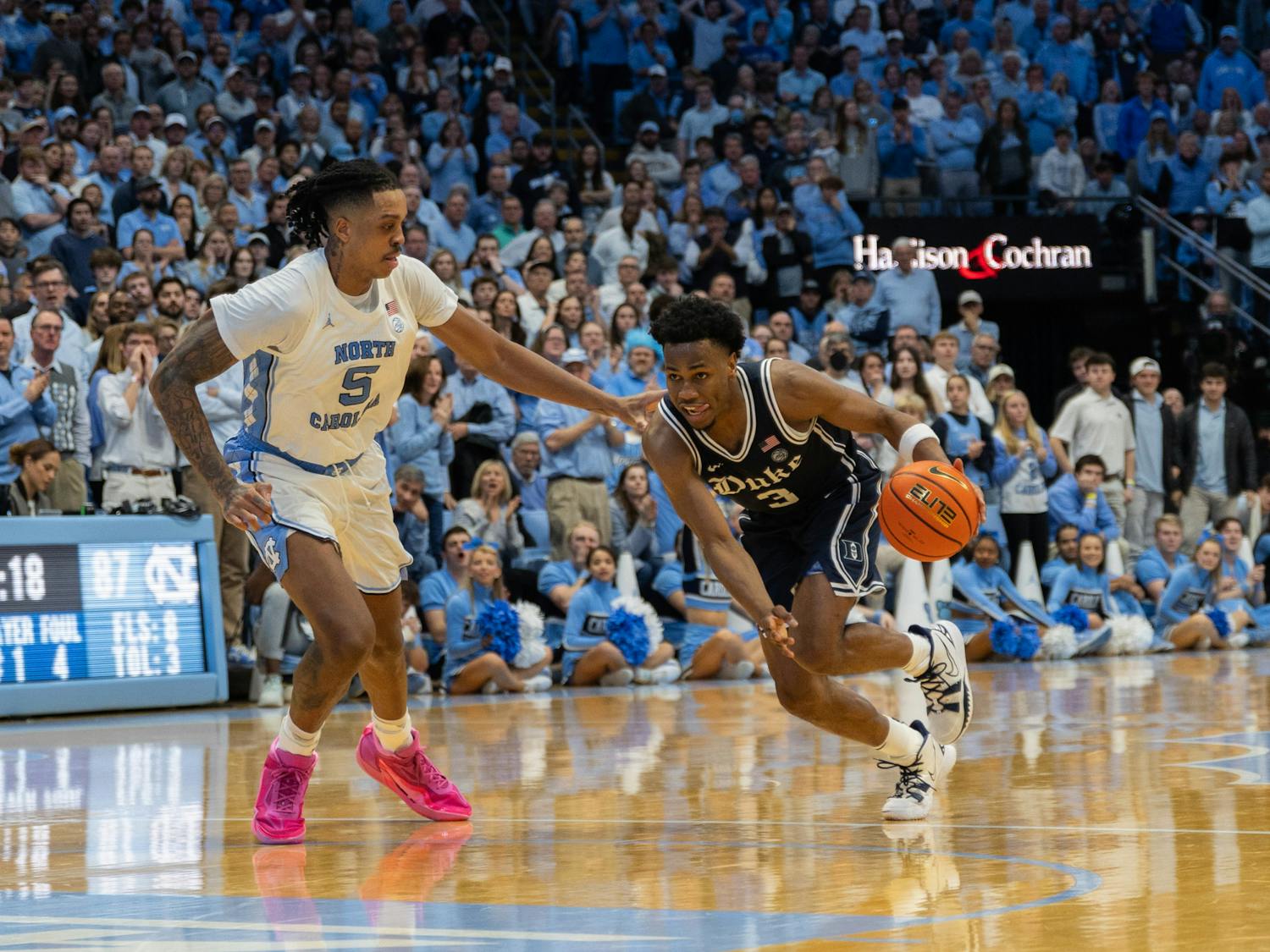 Jeremy Roach drives against North Carolina's Armando Bacot during the team's February clash.