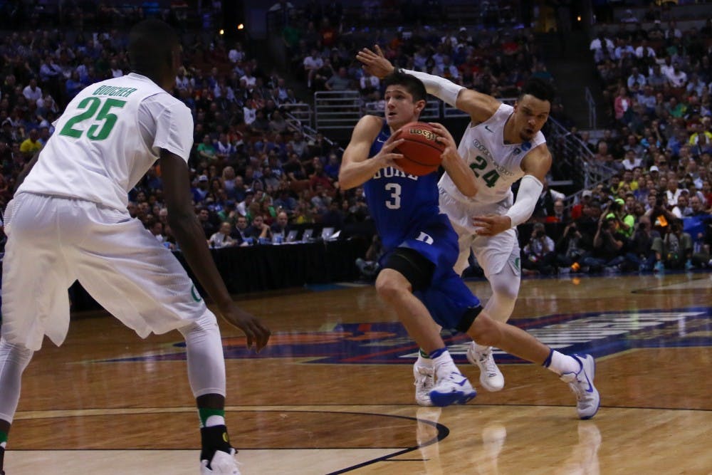 <p>Sophomore&nbsp;Grayson Allen finished with 15 points, but had just three in the first half and shot 4-of-13 from the field.</p>