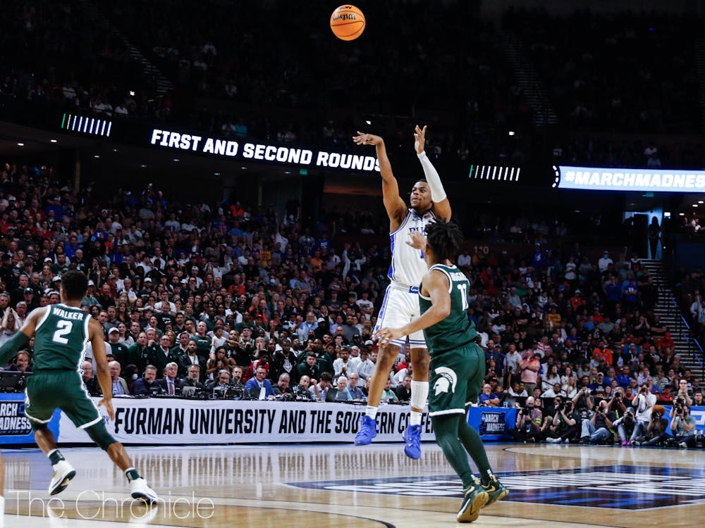<p>Trevor Keels' triple, a shot that tied the late game, was just one of many clutch moments by Duke against Michigan State.</p>