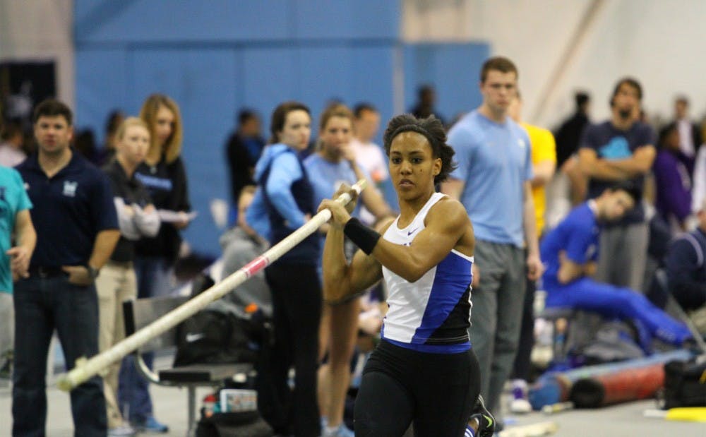 <p>Senior Megan Clark will take aim at first place in the pole vault at the ACC indoor championships.</p>