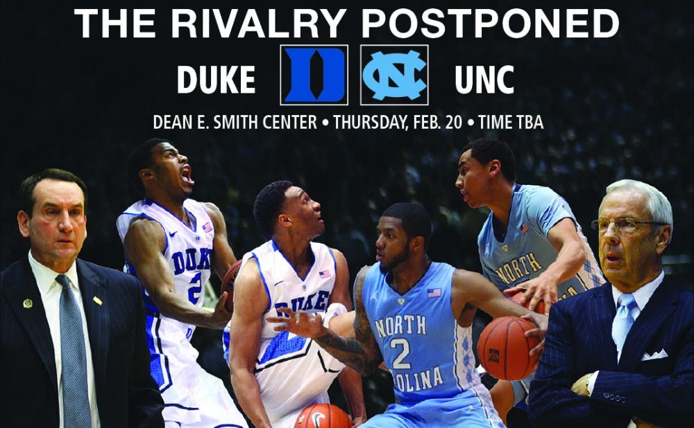 The originally schedule Duke-North Carolina game has been rescheduled to Feb. 20 due to snow.