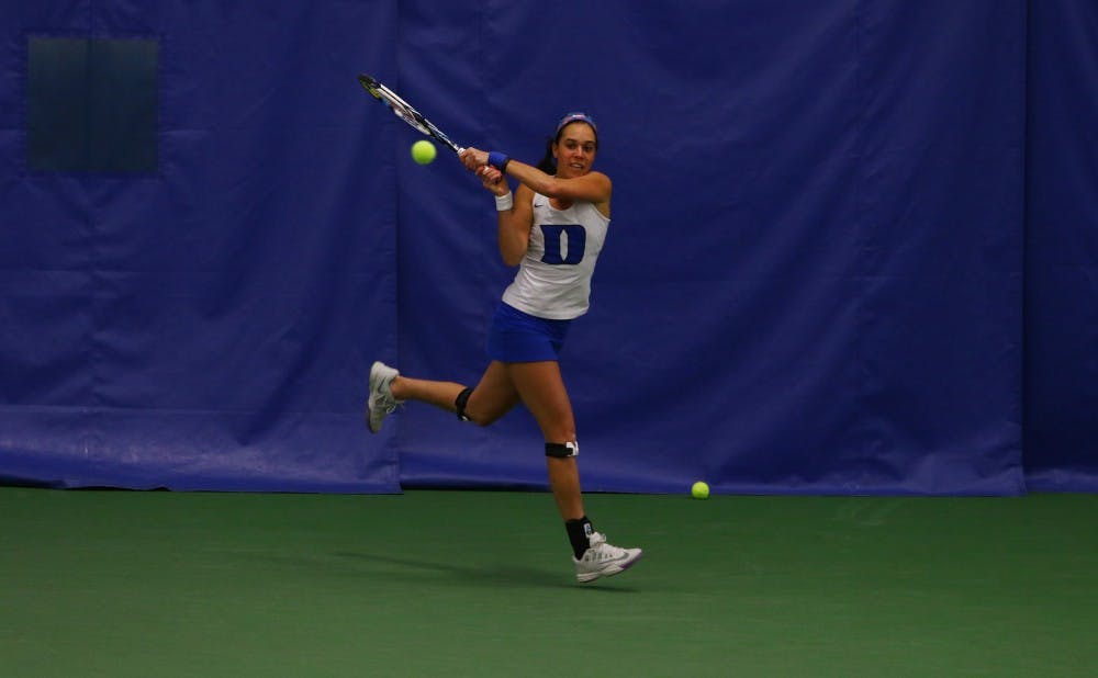 <p>Senior Beatrice Capra returned to the lineup Sunday after missing Friday's win against Syracuse and won her single match on court one, but the rest of the Blue Devils could not follow suit.</p>