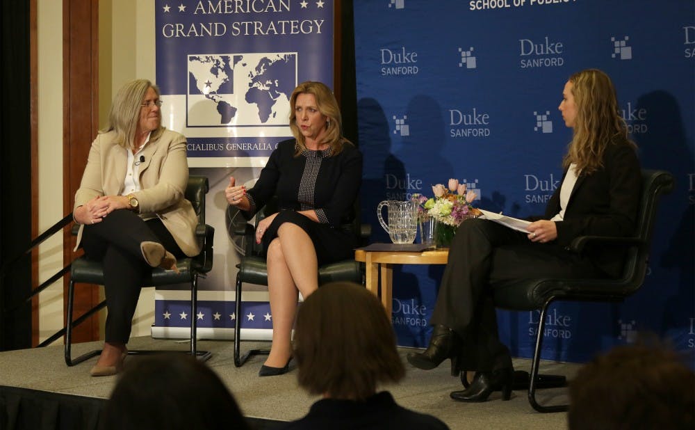 <p>Sue Gordon (left) played on Duke’s women’s basketball team before graduating in 1980. She spoke about her role as deputy director of one of the biggest intelligence agencies last Thursday.</p>