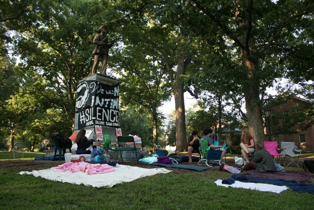 <p>Students and community members began a 24/7 demonstration at Silent Sam on Aug. 22.</p>