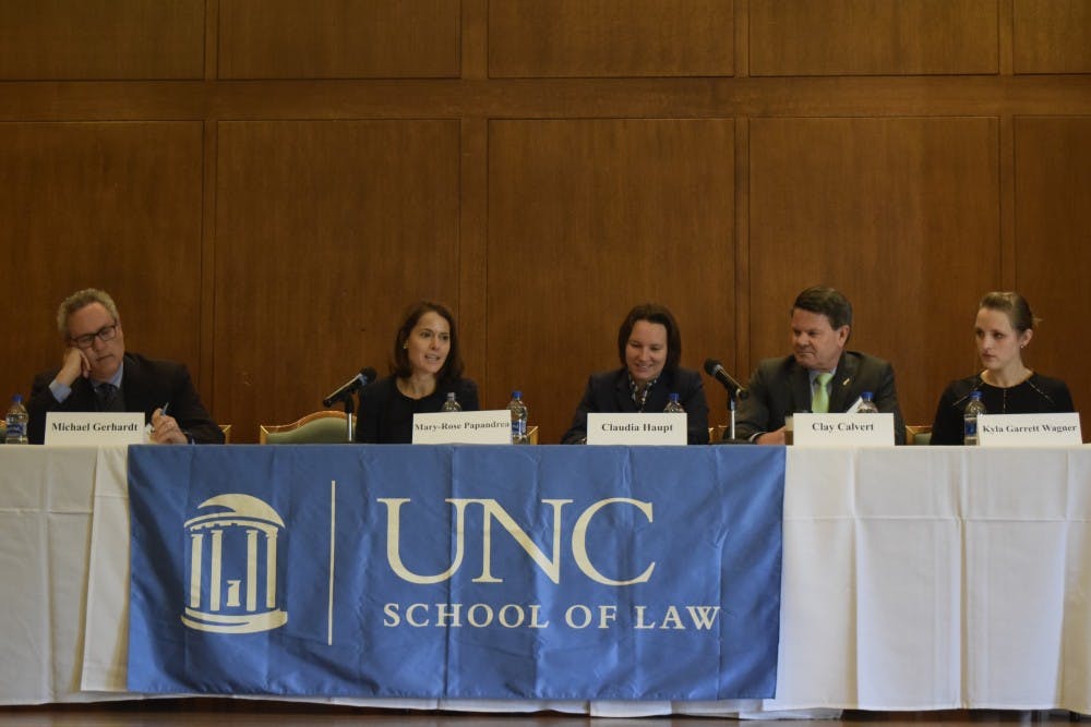 (From left to right) Michael Gerhardt, Mary-Rose Papandrea, Claudia Haupt, Clay Calvert and Kyla Garrett Wagner take part in the first panel  discussion of the Sex and the First Amendment symposium on Friday, Nov. 16, 2018. This panel focused on sex through the lens  of the First Amendment's protection of freedom of expression.