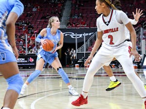 UNC graduate guard Petra Holešínská (2) looks to pass the ball during a game against during a game against Louisville on Thursday, Jan. 28, 2021. UNC fell to the Cardinals 68-79. Photo courtesy of Jared Anderson.