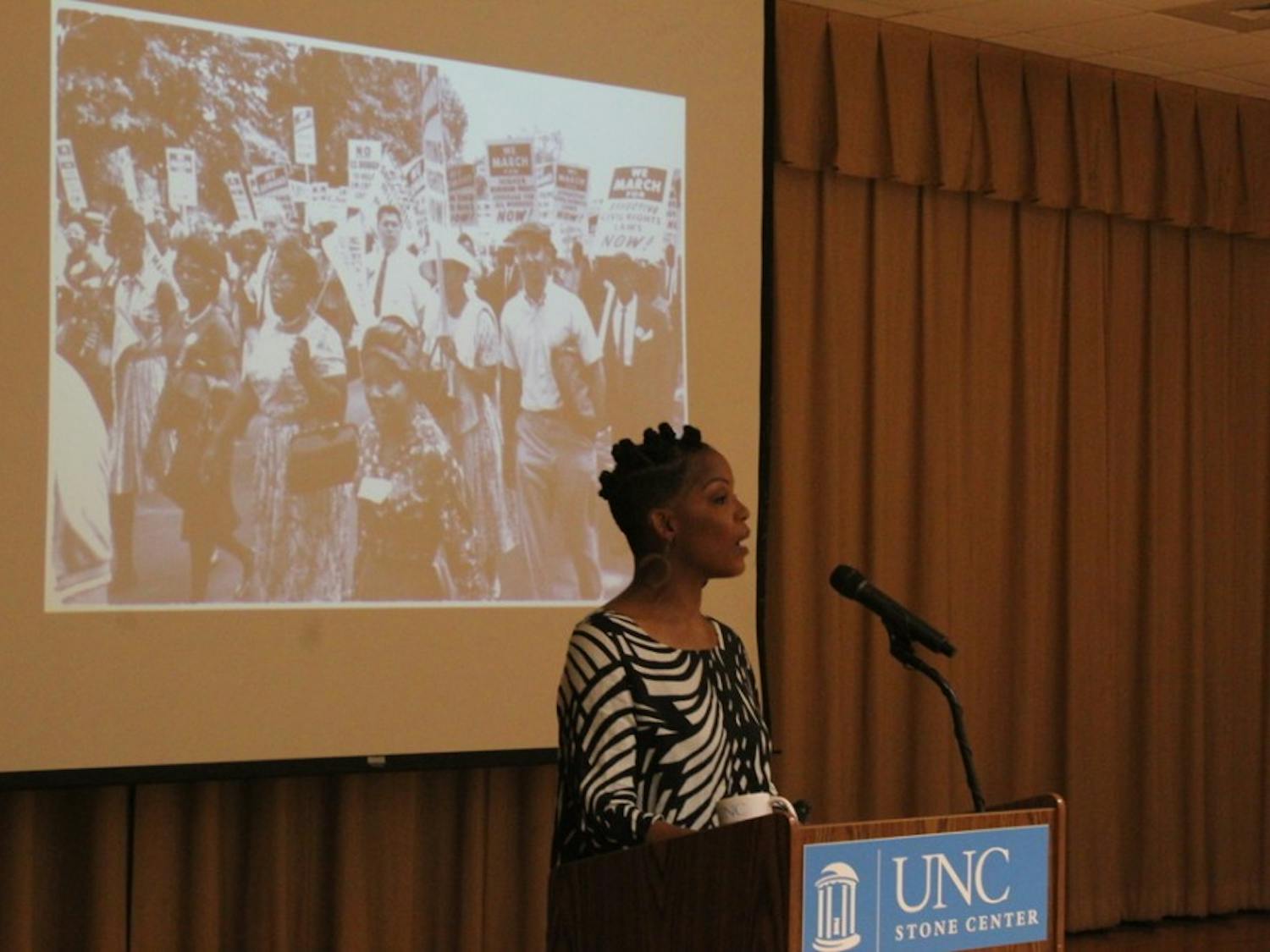 Nnenna Freelon, a Grammy-nominated jazz artist and educator, delivers the Sonya Haynes Stone Memorial Lecture on Oct. 2, 2018 in Sonya Haynes Stone Center. This lecture was a part of the Stone Center's 30th anniversary programming. 