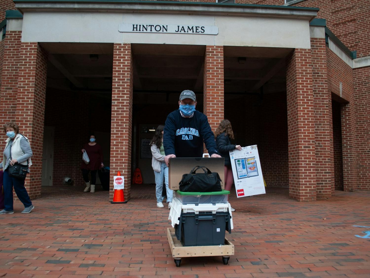 First-year students return to on-campus housing at Hinton James Residence Hall for UNC's spring semester on Saturday, Jan. 16, 2021.