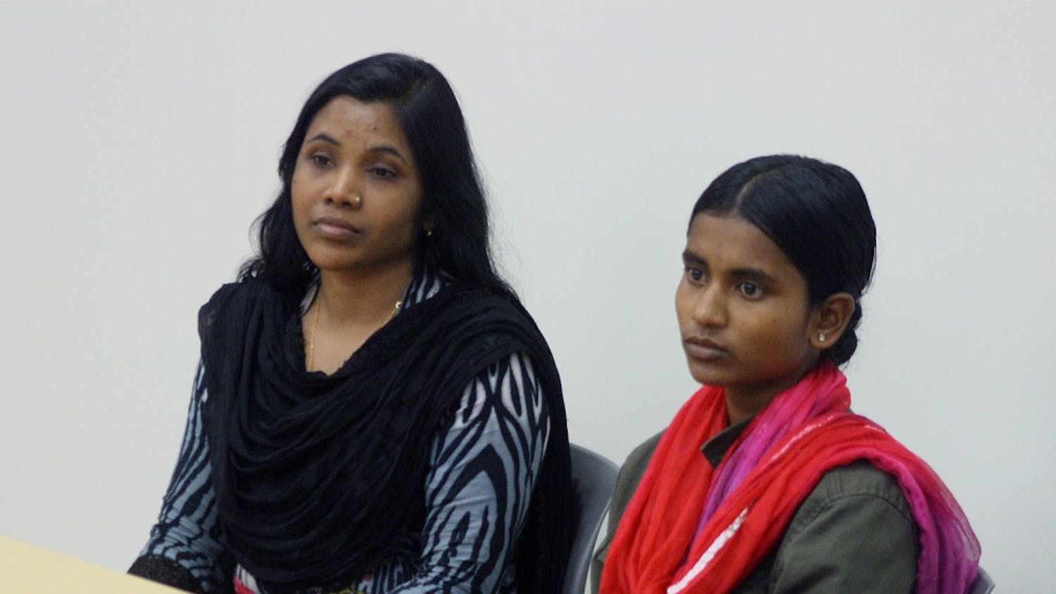 The Student Action with workers invited two Bangladeshi workers to speak in the Union. These two have traveled across the country to at least 18 different schools in order to advocate the end of harmful environments for workers in factories. Aleya Akter (left) and Aklima Khanam (right) along with their translator. 