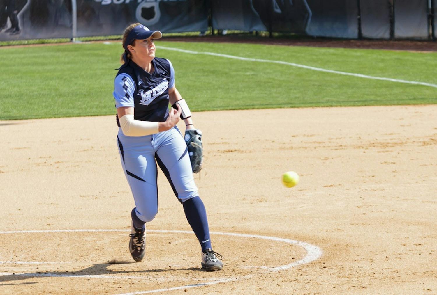 North Carolina pitcher Kendra Lynch (15) throws a pitch in Saturday's game against&nbsp;Pittsburgh.