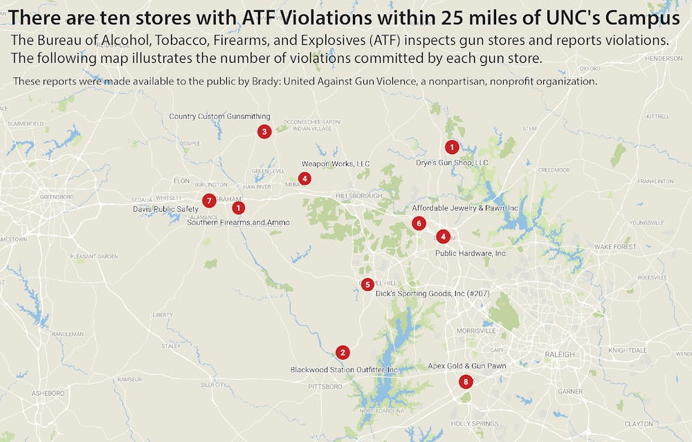 There are ten stores with ATF violations within 25 miles of UNC's Campus