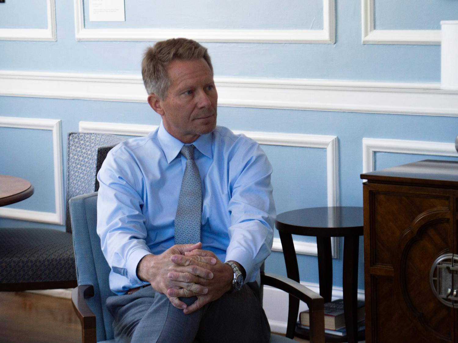 UNC Chancellor, Kevin M. Guskiewicz, interviews with DTH Editor in Chief, Guillermo Molero, on Wednesday, Aug. 31, 2022. 