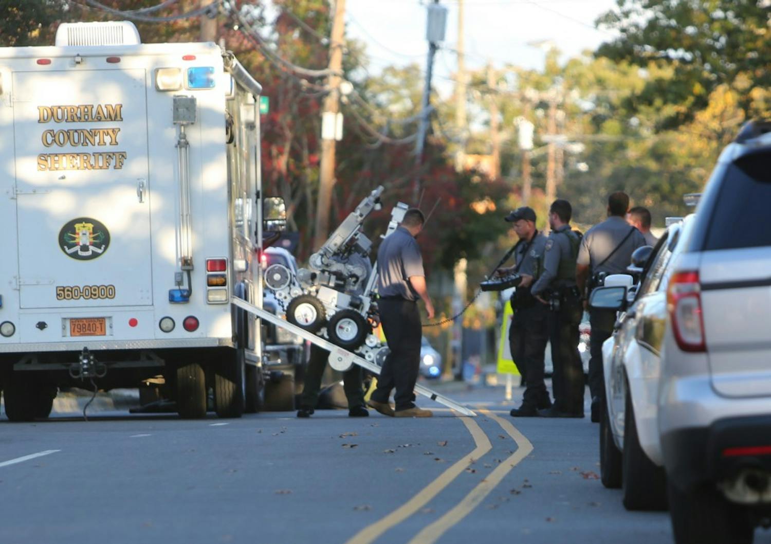 Durham County Bomb Squad deploys a bomb robot on Weaver St. in Carrboro in connection to the explosion at McCorkle Place on Thursday afternoon.  