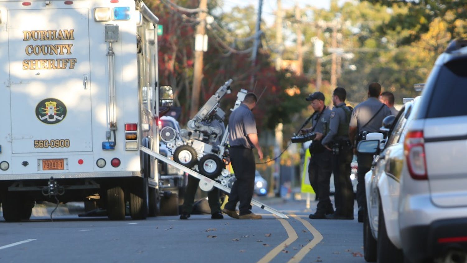 Durham County Bomb Squad deploys a bomb robot on Weaver St. in Carrboro in connection to the explosion at McCorkle Place on Thursday afternoon.  