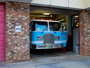 A Carolina blue fire truck is photographed at Chapel Hill Fire Department on Martin Luther King Jr. Blvd on Oct. 10, 2022.